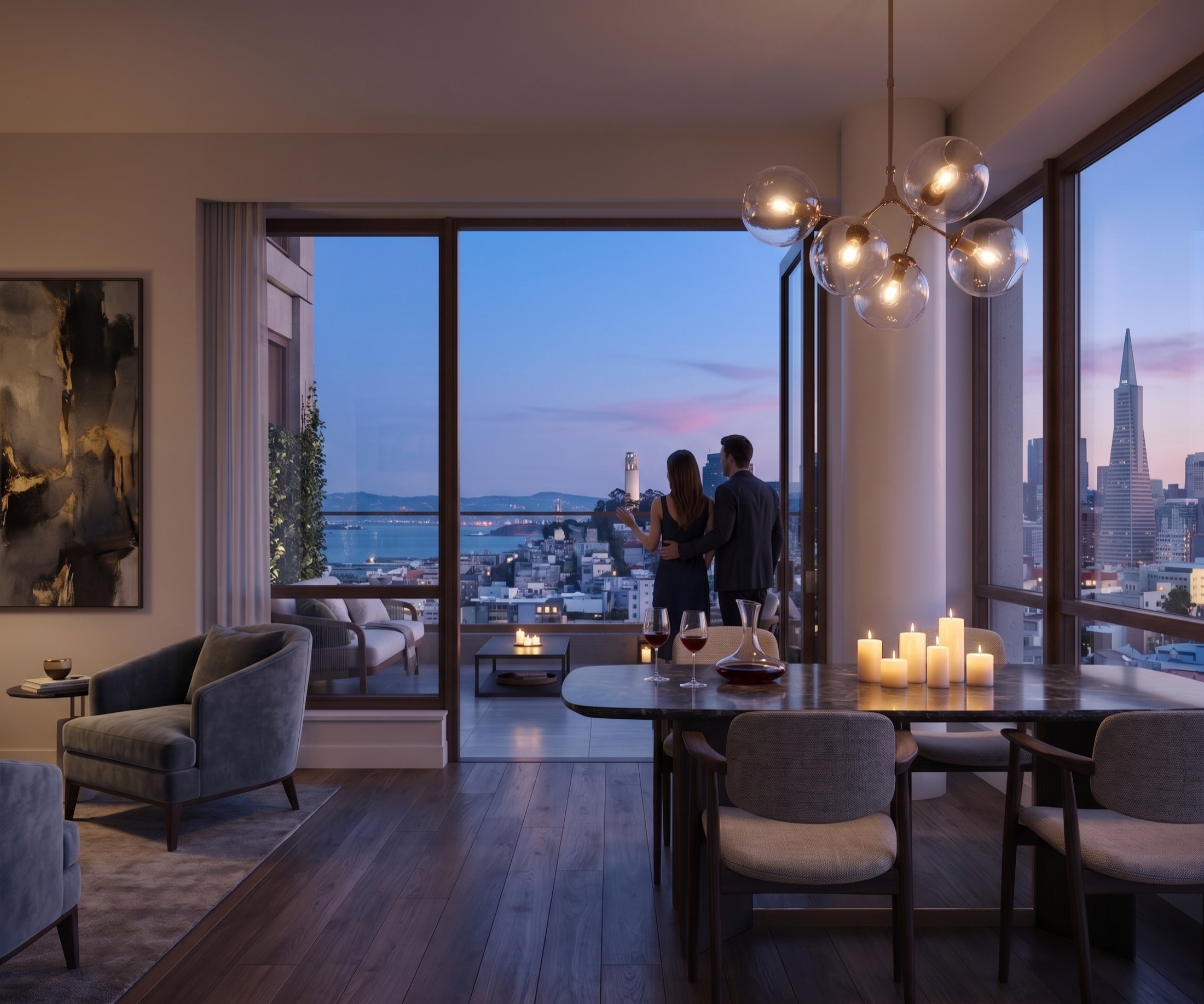 Luxury San Francisco residence at dusk — floor-to-ceiling windows framing the skyline and bay